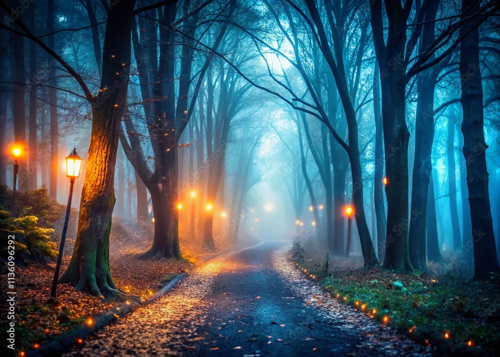 Fototapeta premium Dark Scary Woods Bokeh Photography: Spooky Forest Night Scene, Creepy Trees, Mysterious Path, Eerie Atmosphere, Deep Shadows