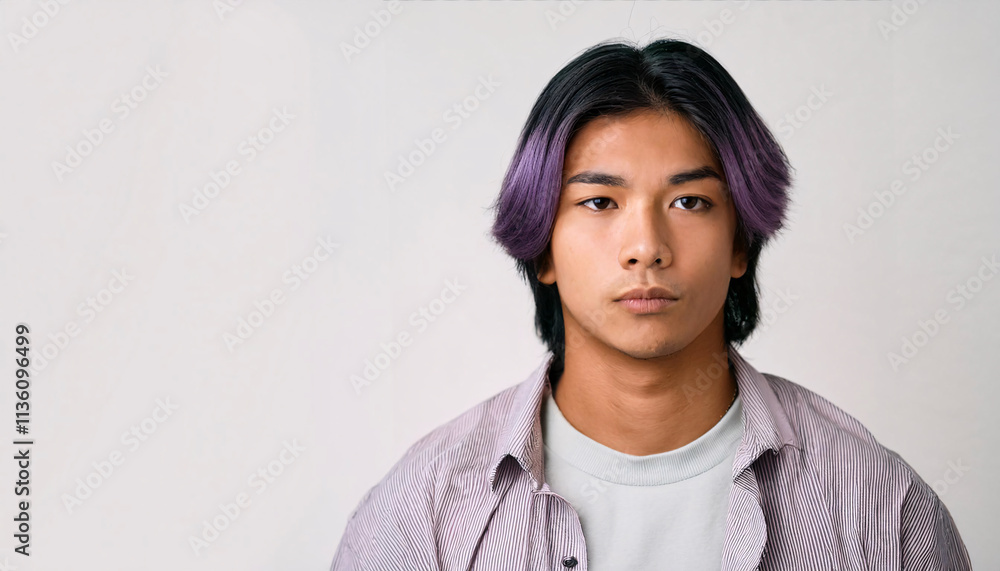 A relaxed and serene young man stares into the camera with confidence, framed against a bright, white background that highlights his expressive face, capturing a moment of contemplation A relaxed and serene young man stares into the camera with confidence, framed against a bright, white background that highlights his expressive face, capturing a moment of contemplation