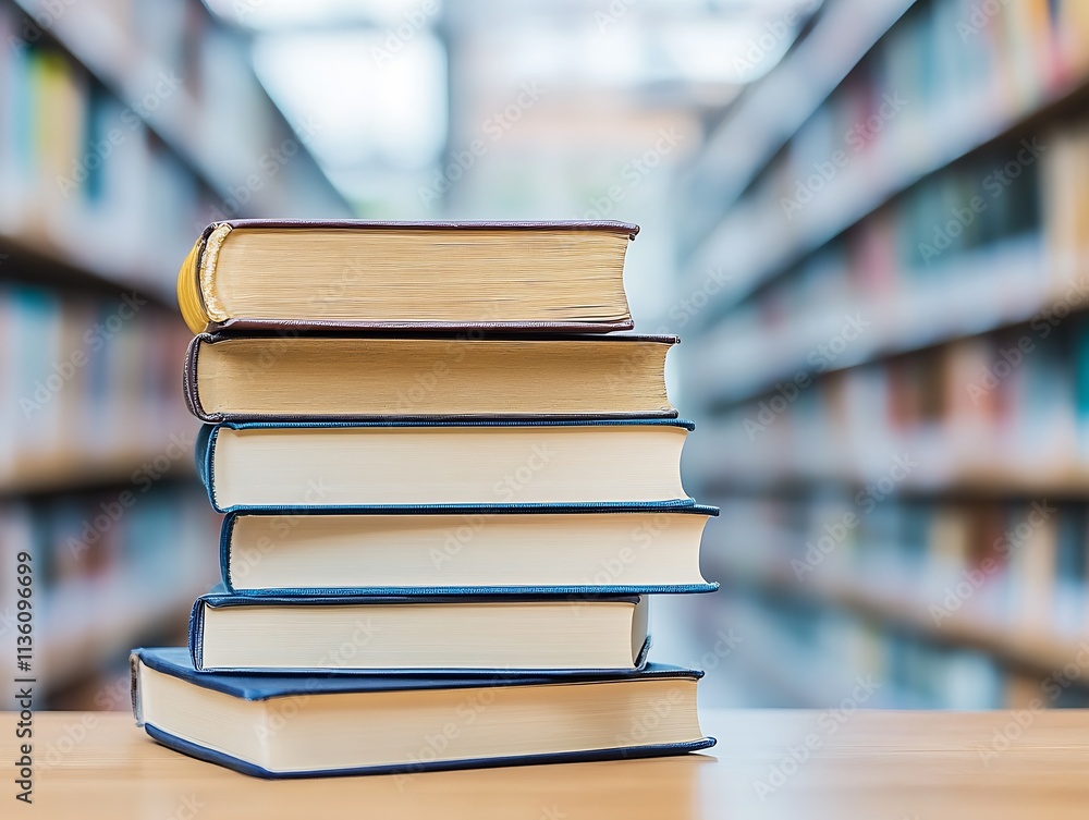 Stack of Hardcover Books in a Library with Blurred Bookshelves in the Background : Generative AI Stack of Hardcover Books in a Library with Blurred Bookshelves in the Background : Generative AI