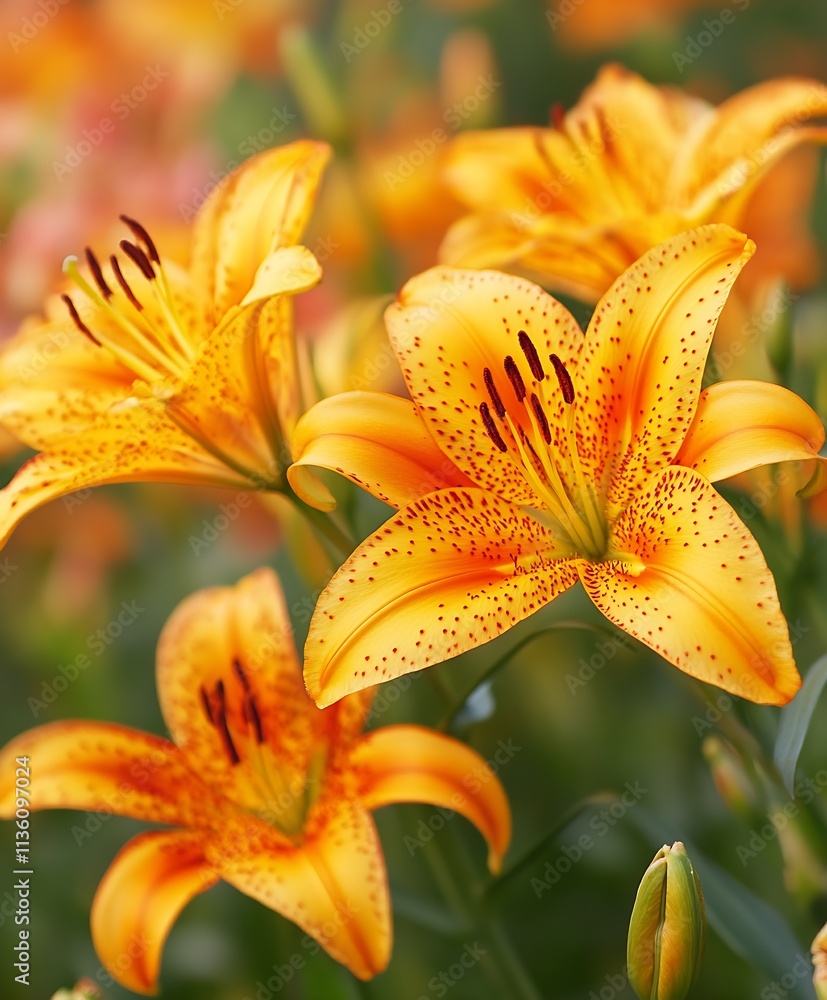 Closeup of Vibrant Orange Lilies in Bloom in Sunlit Garden Setting : Generative AI Closeup of Vibrant Orange Lilies in Bloom in Sunlit Garden Setting : Generative AI