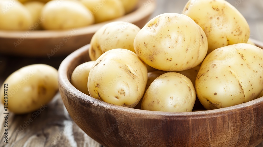 Freshly Harvested Potatoes in Rustic Wooden Bowls on Wooden Table : Generative AI Freshly Harvested Potatoes in Rustic Wooden Bowls on Wooden Table : Generative AI