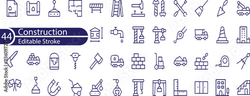Set of outline icons related to construction. Second set. Linear icon collection. Editable stroke. 