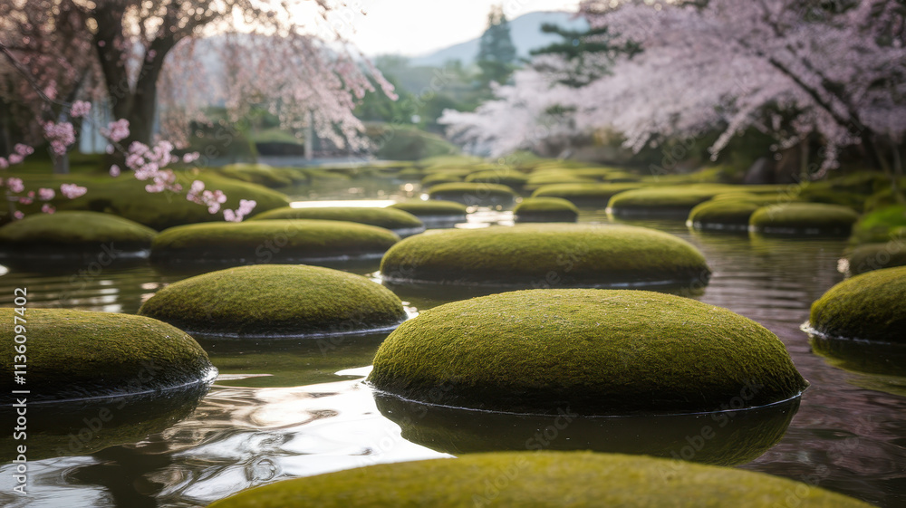Serene landscape featuring moss-covered stones in a tranquil pond, surrounded by blooming cherry blossom trees in soft morning light. Serene landscape featuring moss-covered stones in a tranquil pond, surrounded by blooming cherry blossom trees in soft morning light.