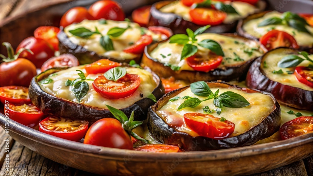 Fototapeta premium Delicious Baked Eggplant, Tomatoes & Cheese Recipe - Generative AI Food Photography
