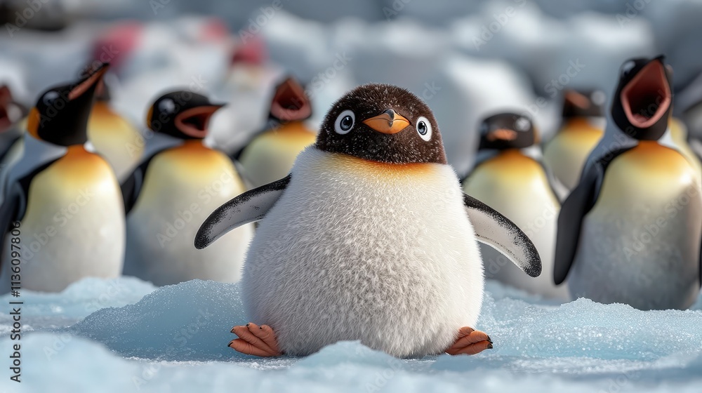 Obraz premium Playful Penguin Sliding on Ice Surrounded by Other Penguins in a Frosty Environment