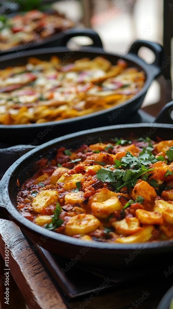 Delicious Traditional Dish with Spiced Potatoes and Green Garnish in Rustic Cookware : Generative AI