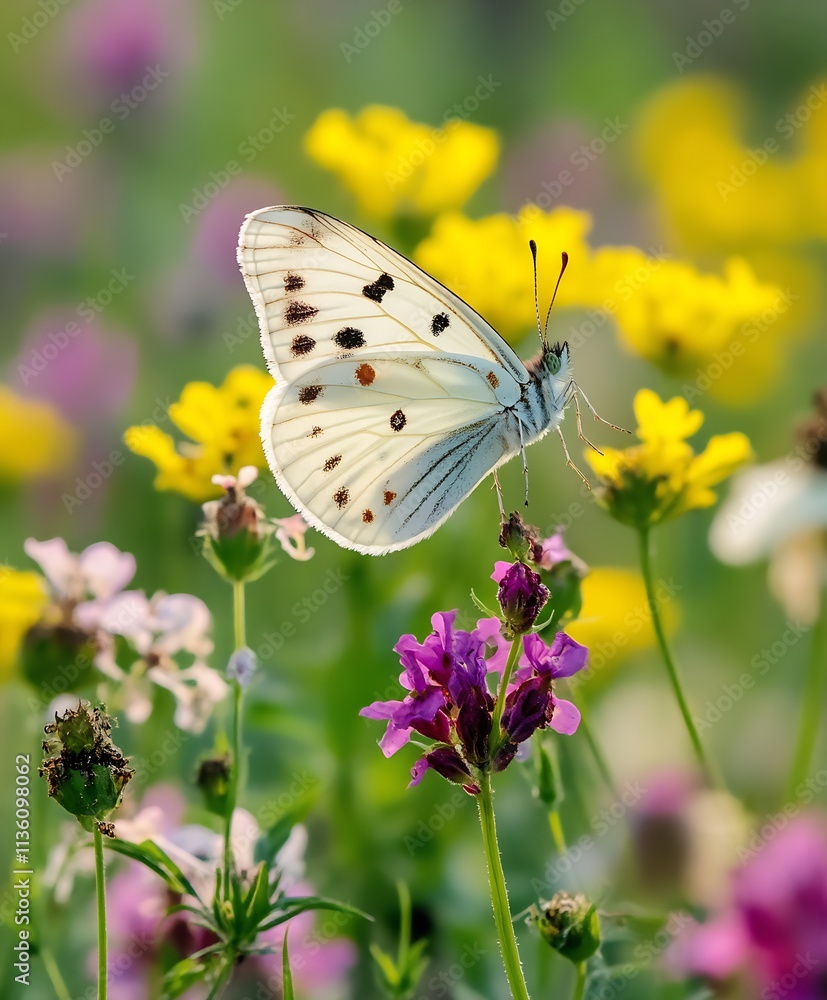 White Butterfly Resting on Vibrant Wildflowers in a Sunny Meadow : Generative AI White Butterfly Resting on Vibrant Wildflowers in a Sunny Meadow : Generative AI