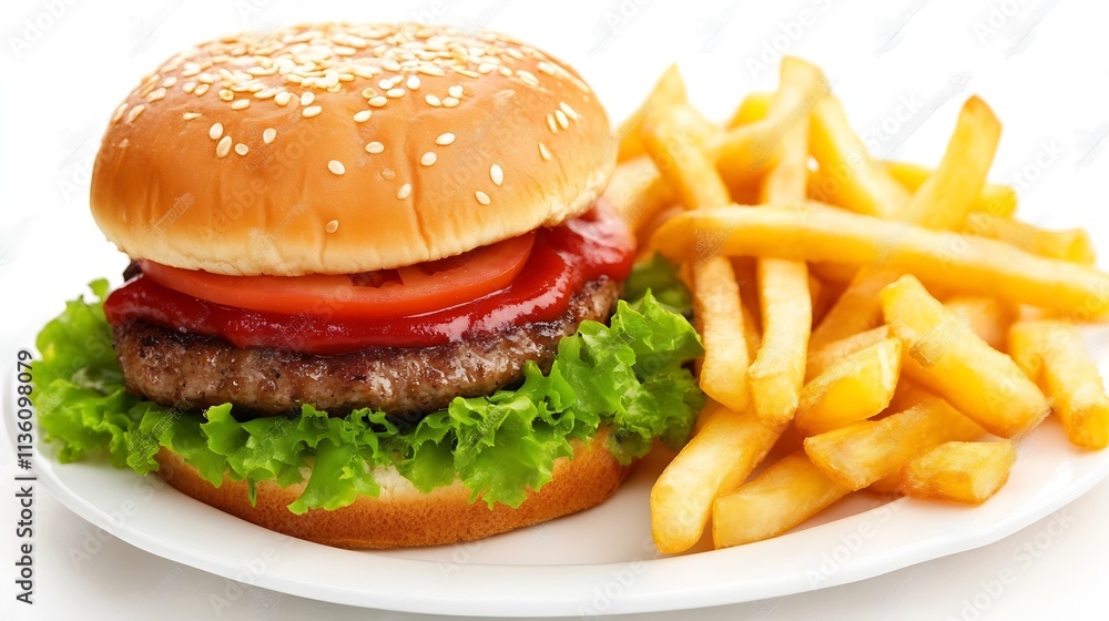 Classic Cheeseburger with Lettuce Tomato and Crispy Golden Fries on White Plate : Generative AI Classic Cheeseburger with Lettuce Tomato and Crispy Golden Fries on White Plate : Generative AI