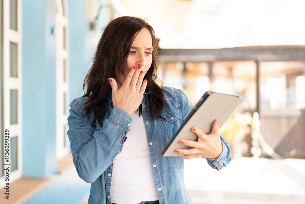 Middle aged woman holding a tablet at outdoors with surprise and shocked facial expression