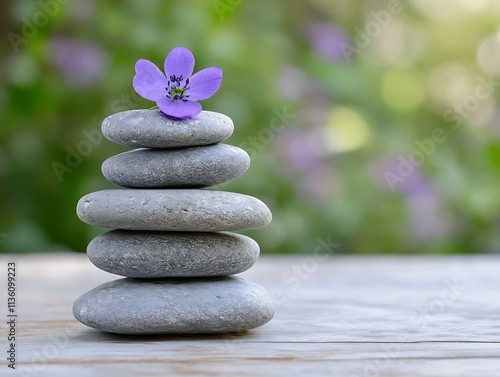 Zen stone stack with purple blossom in serene nature backdrop representing balance tranquility peace : Generative AI
