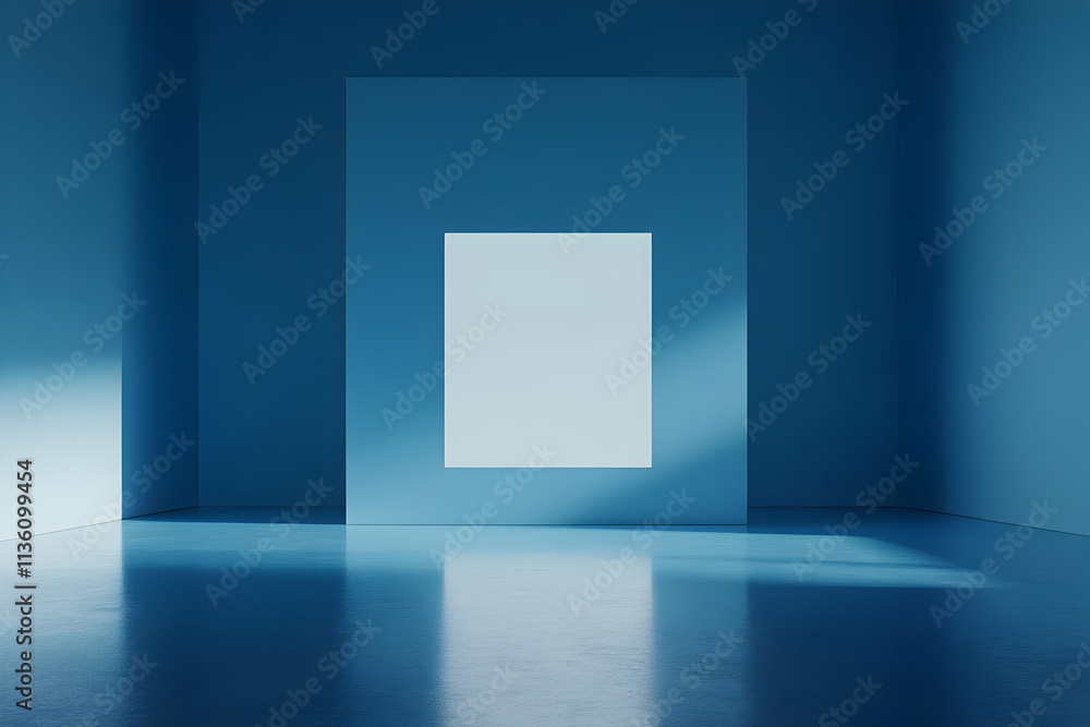 Minimalist blue room with blank poster. Minimalist blue room with blank poster.