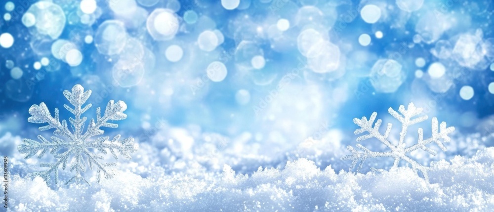 Sparkling Winter Wonderland: Snowflakes on Fresh Powder Snow Background Sparkling Winter Wonderland: Snowflakes on Fresh Powder Snow Background