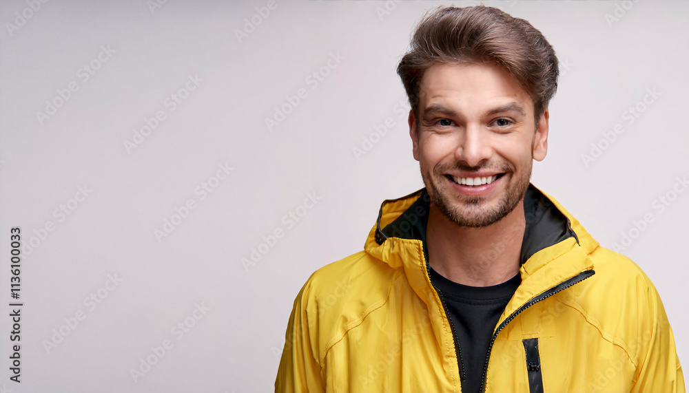 A young male hipster exudes charm and confidence with a radiant smile, dressed in a vibrant yellow jacket. The bright white background enhances his joyful demeanor, creating a refreshing look A young male hipster exudes charm and confidence with a radiant smile, dressed in a vibrant yellow jacket. The bright white background enhances his joyful demeanor, creating a refreshing look