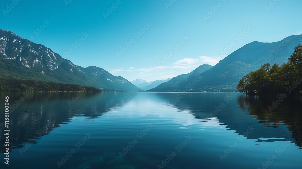 Fototapeta premium Stunning alpine lake reflecting serene mountain landscape under clear blue sky : Generative AI