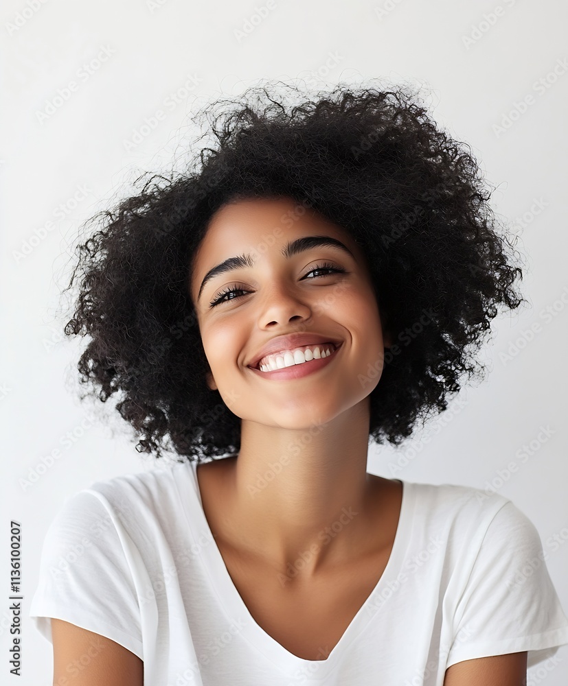 Smiling Woman with Curly Hair in White Tshirt Against Neutral Background : Generative AI Smiling Woman with Curly Hair in White Tshirt Against Neutral Background : Generative AI
