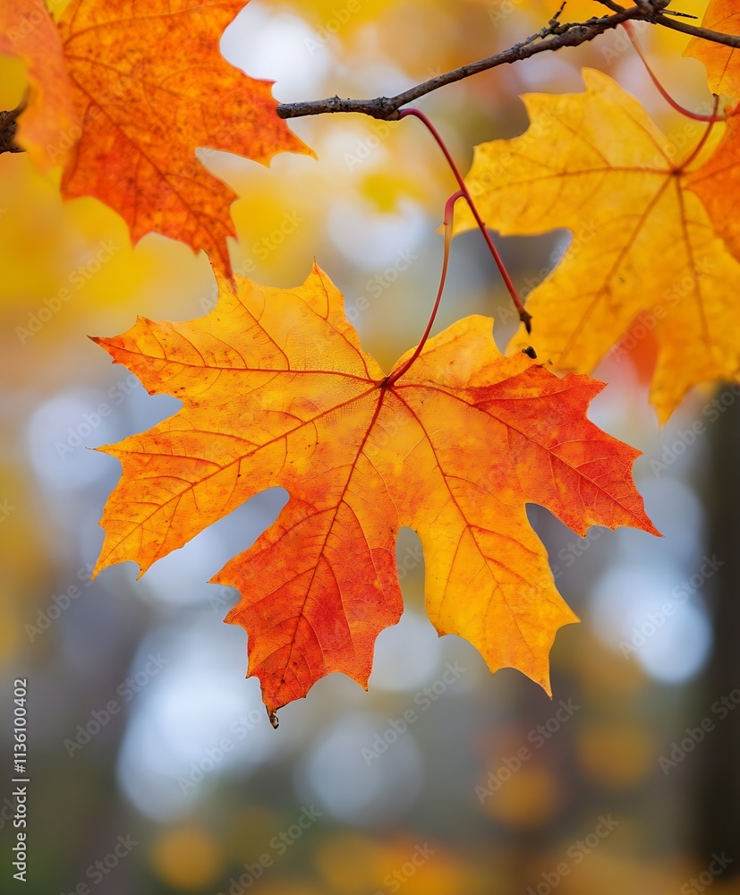 Bright Autumn Maple Leaf Closeup with Vivid Red and Orange Colors in a Natural Setting : Generative AI Bright Autumn Maple Leaf Closeup with Vivid Red and Orange Colors in a Natural Setting : Generative AI