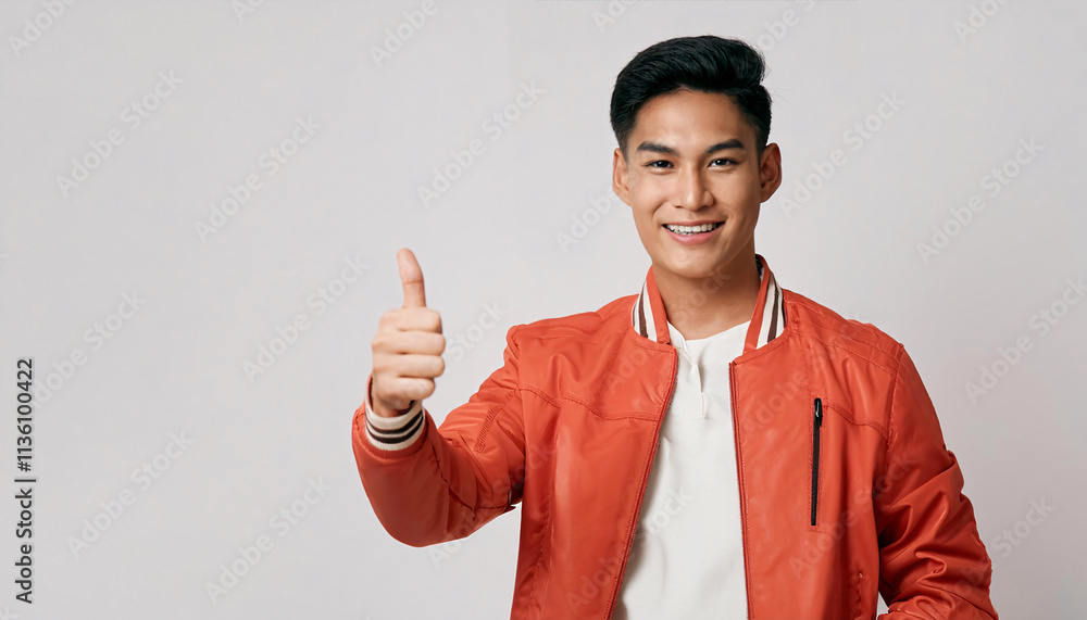 A confident young male hipster engages the camera with a bright smile and a thumbs up gesture. His style reflects a trendy vibe, perfect for showcasing positivity and joy in a minimalistic setting A confident young male hipster engages the camera with a bright smile and a thumbs up gesture. His style reflects a trendy vibe, perfect for showcasing positivity and joy in a minimalistic setting