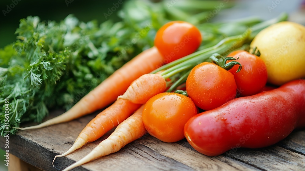 Fresh Organic Vegetables on Wooden Table Carrots Tomatoes and Greens Displayed Outdoors : Generative AI Fresh Organic Vegetables on Wooden Table Carrots Tomatoes and Greens Displayed Outdoors : Generative AI