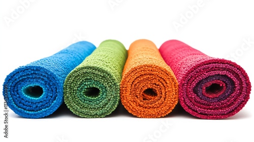 Four colorful rolled yoga mats for vibrant outdoor or indoor fitness practice : Generative AI
