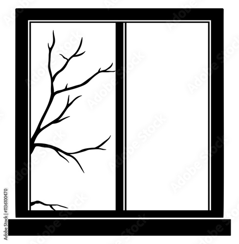 black silhouette of window with branches from tree background