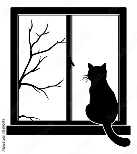 black silhouette of a cat looking out the window at tree branches without background