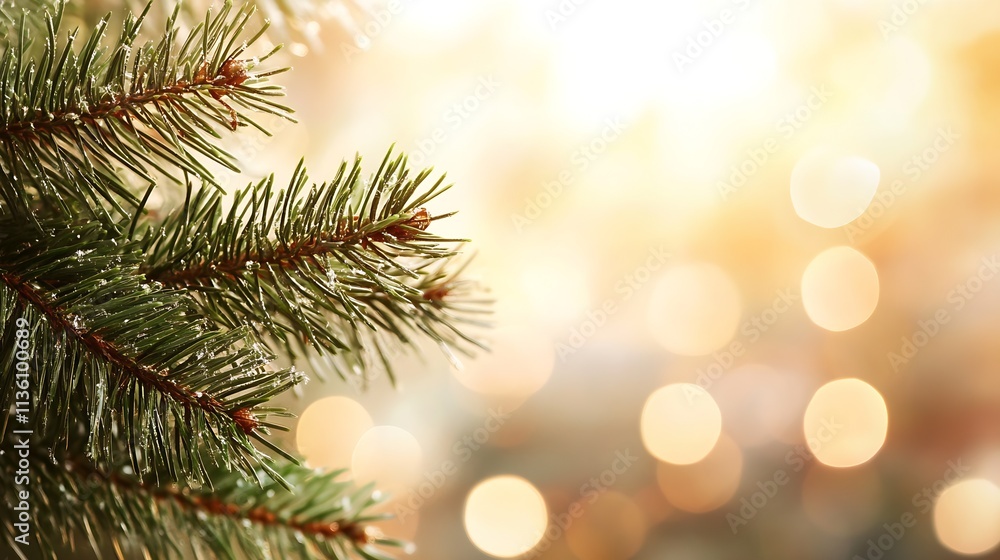 Festive Christmas Tree Branch with Sparkling Golden Bokeh Background : Generative AI