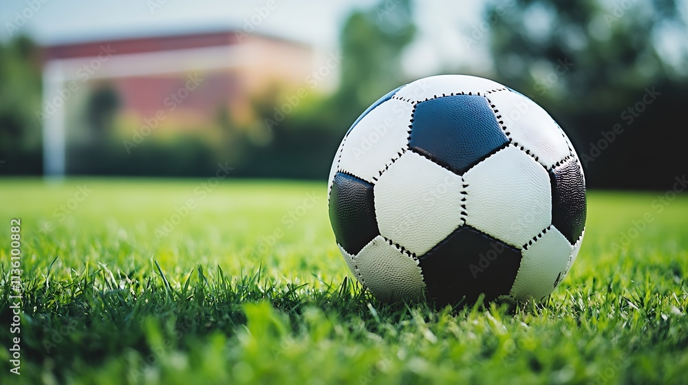 Obraz premium Vivid Soccer Ball on Green Grass in Front of Blurred Goal Background Symbolizing Outdoor Recreation : Generative AI