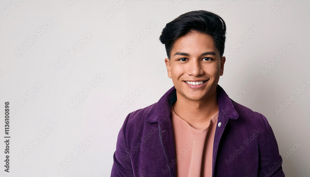 A stylish young male hipster gazes directly at the camera, displaying a relaxed and confident demeanor. The bright white background enhances his vibrant look, creating an engaging atmosphere A stylish young male hipster gazes directly at the camera, displaying a relaxed and confident demeanor. The bright white background enhances his vibrant look, creating an engaging atmosphere