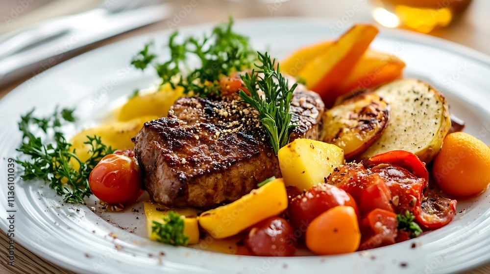 Elegant Dinner Plate with Grilled Meat and Seasonal Vegetables for Gourmet Experience : Generative AI Elegant Dinner Plate with Grilled Meat and Seasonal Vegetables for Gourmet Experience : Generative AI