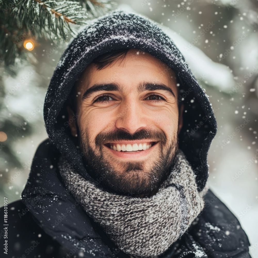 Winter-dressed man smiling with hood and scarf. Winter-dressed man smiling with hood and scarf.