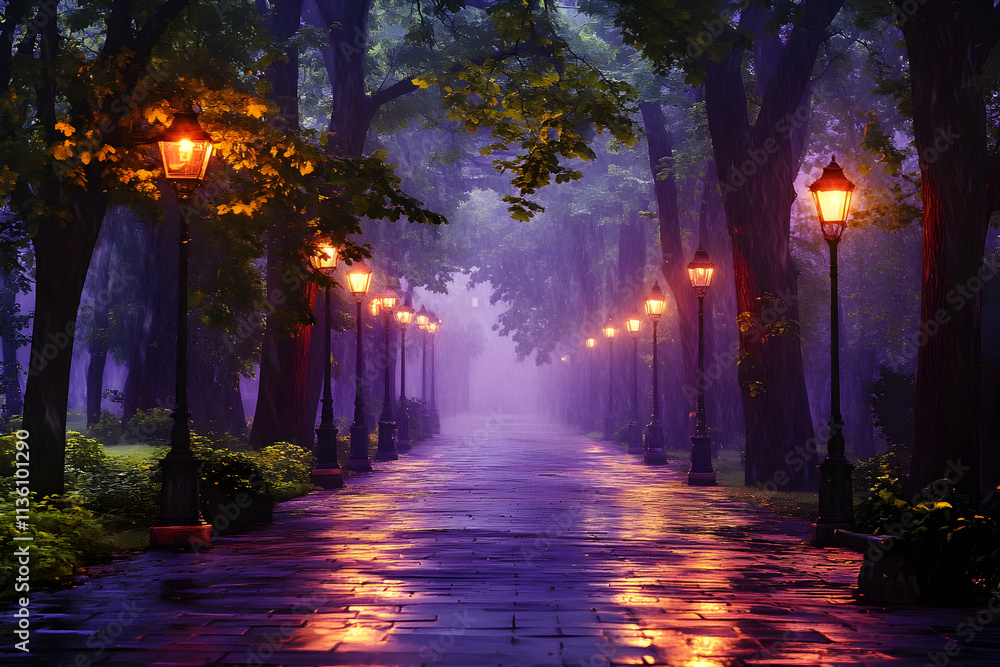 Misty park path with glowing lanterns at night. Misty park path with glowing lanterns at night.