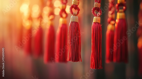 Wallpaper Mural Intricately knotted Chinese decorations in vivid red and gold, hanging gracefully, creating depth and dimension Torontodigital.ca