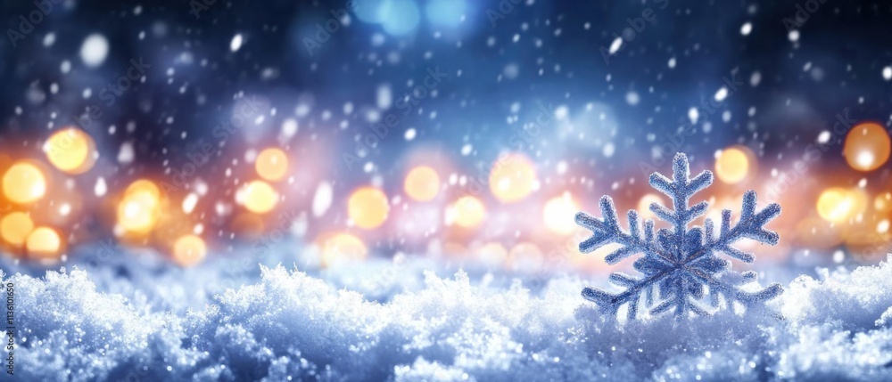 Magical Winter Wonderland: Snowflake in Snowy Scene with Sparkling Lights Magical Winter Wonderland: Snowflake in Snowy Scene with Sparkling Lights