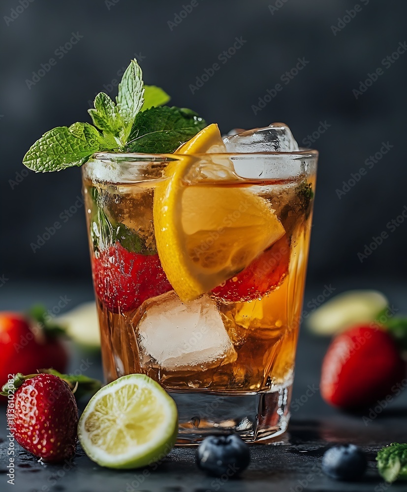 Refreshing Summer Cocktail with Citrus and Berries on Dark Rustic Background : Generative AI Refreshing Summer Cocktail with Citrus and Berries on Dark Rustic Background : Generative AI