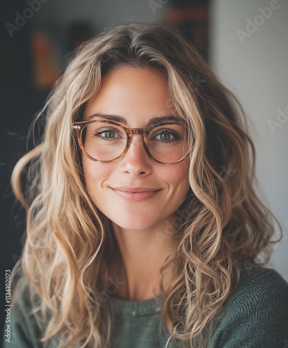 Young Woman with Curly Hair Wearing Glasses and a Warm Smile : Generative AI