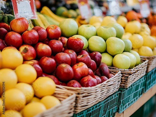 Vibrant Organic Fruit Display Featuring Apples and Lemons at Local Farmers Market : Generative AI photo