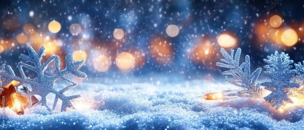 Obraz premium Sparkling Winter Wonderland: Snowflakes, Lights, and Festive Snow Scene