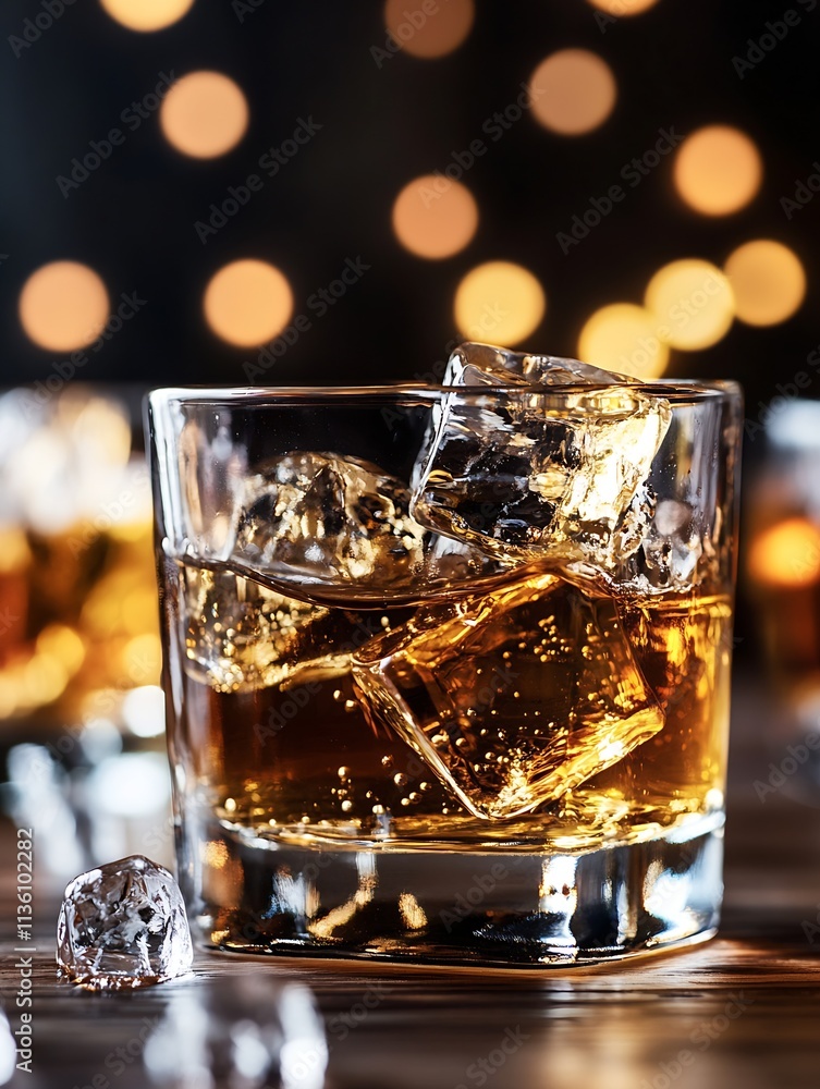Elegant Glass of Whiskey with Ice Cubes Against Warm Lighting : Generative AI Elegant Glass of Whiskey with Ice Cubes Against Warm Lighting : Generative AI