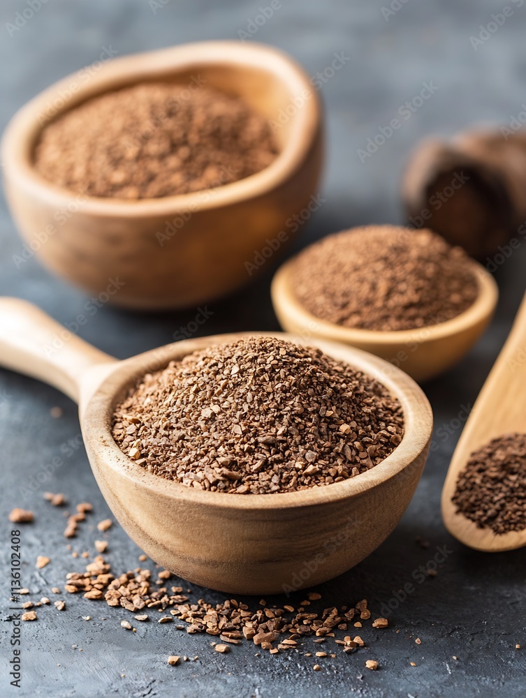Wooden bowls filled with aromatic brown instant coffee powder on table : Generative AI Wooden bowls filled with aromatic brown instant coffee powder on table : Generative AI