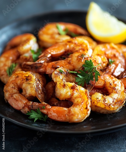 Delicious Grilled Shrimp with Lemon and Fresh Herbs on a Black Plate : Generative AI