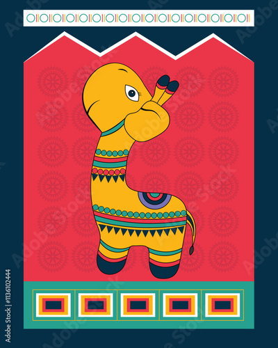 The Gentle Giant: A Kalighat Interpretation of a Giraffe. Kalighat giraffe art, Indian folk art giraffe, Kalighat animal art, Unique Kalighat art photo