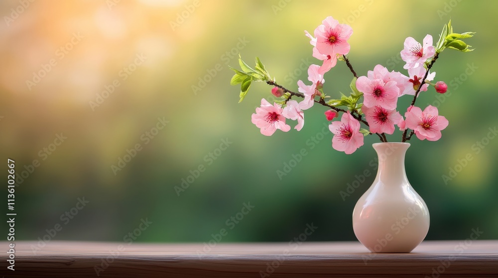 A vibrant peach blossom branch in full bloom, arranged in an elegant porcelain vase against a softly blurred background A vibrant peach blossom branch in full bloom, arranged in an elegant porcelain vase against a softly blurred background