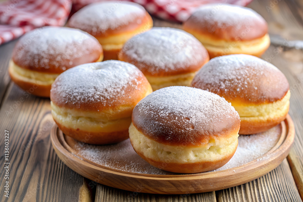 A close-up shot of powdered sugar-dusted doughnuts placed on a wooden plate, surrounded by rustic elements, leaving clear copy space for text overlays. A close-up shot of powdered sugar-dusted doughnuts placed on a wooden plate, surrounded by rustic elements, leaving clear copy space for text overlays.