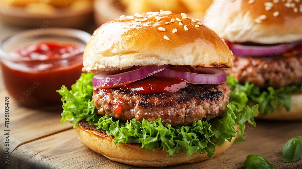 Juicy Homemade Beef Burger with Fresh Lettuce and Onion in a Perfectly Toasted Bun : Generative AI Juicy Homemade Beef Burger with Fresh Lettuce and Onion in a Perfectly Toasted Bun : Generative AI