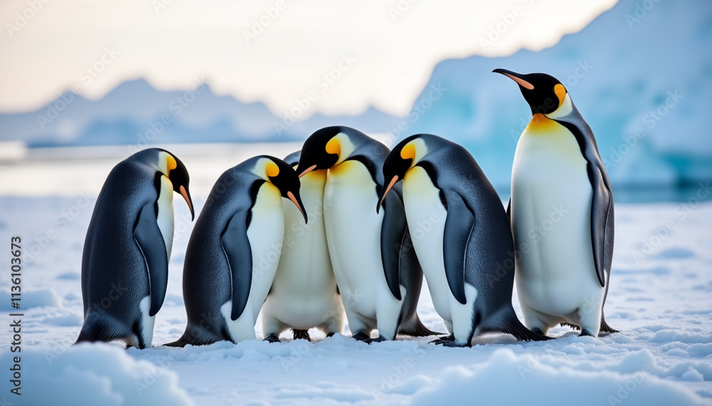 Fototapeta premium Group of Emperor penguins huddling together on ice in Antarctica, showcasing social behavior and wildlife