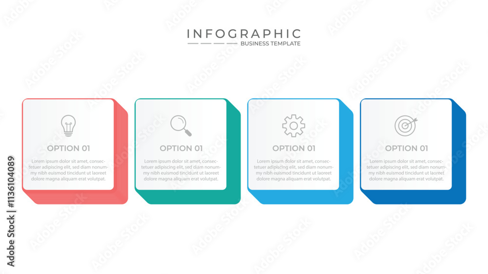 Business infographic template. 4 Step timeline journey. Process diagram, 4 options on white background, Infograph elements vector illustration Business infographic template. 4 Step timeline journey. Process diagram, 4 options on white background, Infograph elements vector illustration