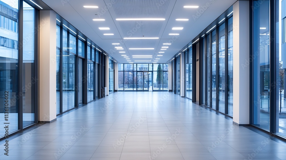 Modern Glass Office Corridor with Natural Lighting Leading to Open Space : Generative AI Modern Glass Office Corridor with Natural Lighting Leading to Open Space : Generative AI
