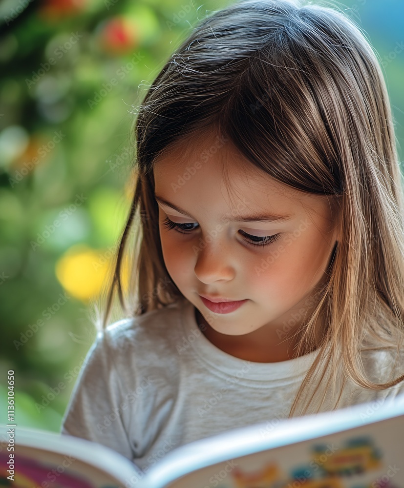 Young Girl Reading Book in Sunlit Garden Focused and Engaged : Generative AI Young Girl Reading Book in Sunlit Garden Focused and Engaged : Generative AI