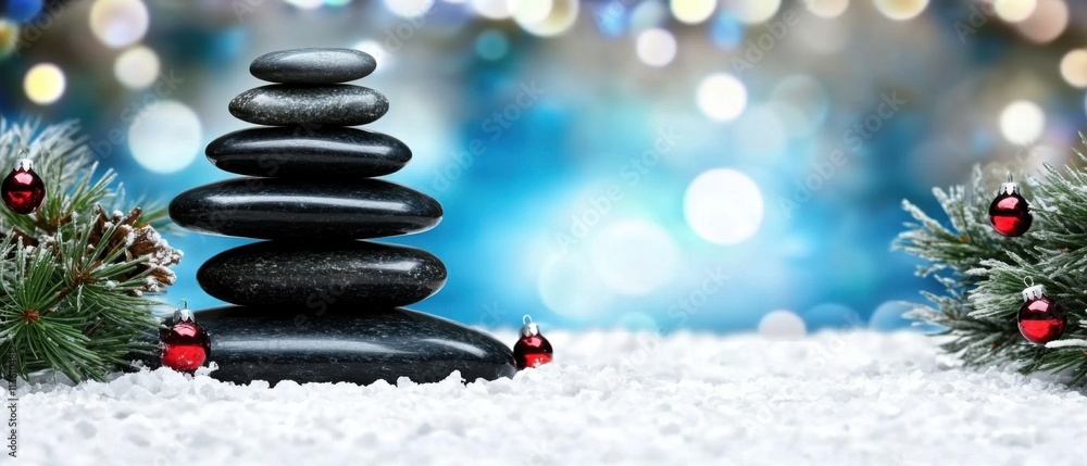 Obraz premium Serene Christmas Spa: Stacked Stones, Snow, and Festive Ornaments