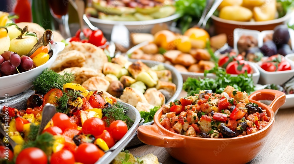 Vibrant Mediterranean buffet spread with fresh fruits and colorful dishes : Generative AI Vibrant Mediterranean buffet spread with fresh fruits and colorful dishes : Generative AI